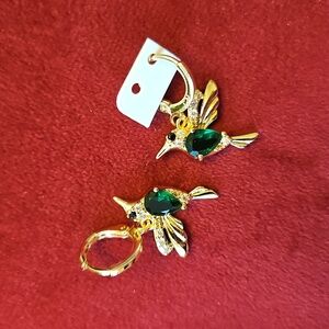 Elegant Gold and Green Hummingbird Earrings